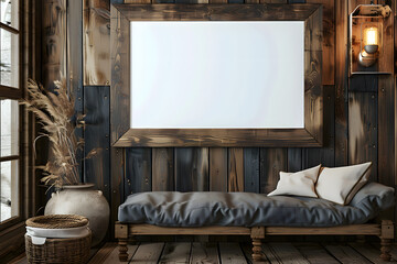 a large empty wooden picture frame in landscape position on a rustic wooden cabin wall. The empty picture frame is 4:3 ratio. The wooden cabin is modern and has dark, natural colours. - obrazy, fototapety, plakaty
