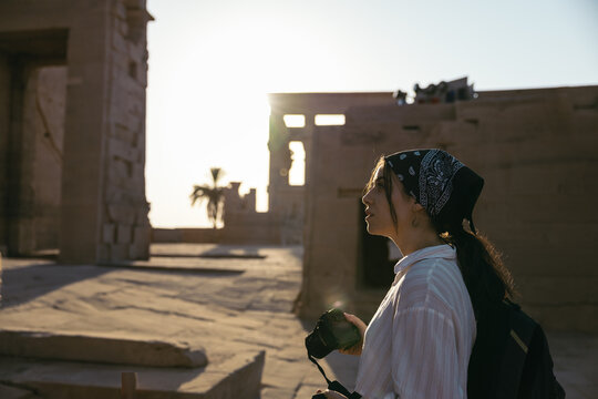 Traveler woman in Philae during her trip in Egypt