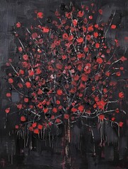 Floral seamless pattern, eucalyptus leaves and anemone flowers line art ink drawing in red and dark grey