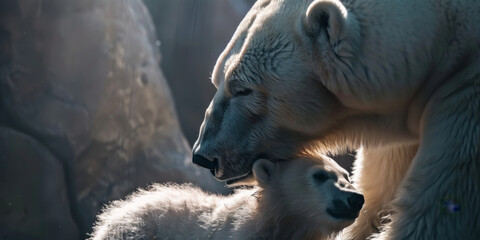 Fototapeta na wymiar polar bear with her cub, generative AI