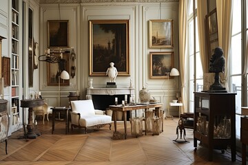Elegant Parisian Salon Interiors: Antique Art and Cultural Sophistication - obrazy, fototapety, plakaty