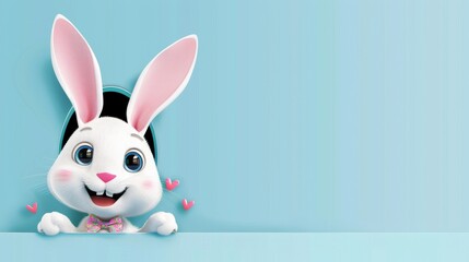 A sweet cartoon Easter bunny with a bow tie, peeking out from a hole, with a sky-blue background.