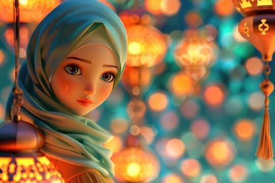 Cute Muslim girl doll with lanterns background