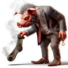 pig character face in suit lowered holding a stinky sock, white background - obrazy, fototapety, plakaty