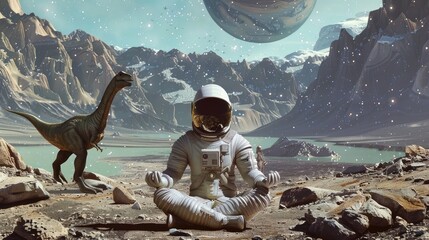 Yoga session on Pluto, serene astronaut meditating, holographic dinosaurs roaming, surreal escape