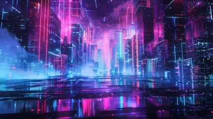 Fototapeta na wymiar Abstract digital landscape with neon colors and a retro cyberpunk vibe