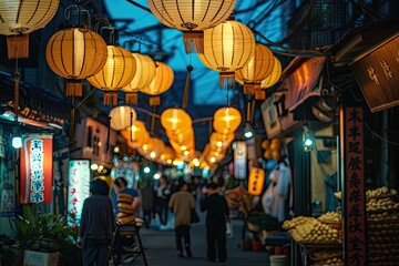 A bustling Asian night market with lanterns and street food stalls