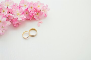 pair of wedding rings with pastel flowers for background image