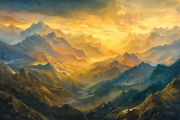 Schilderijen op glas Mountains Scenery Landscape Oil Painting, Artwork, Generative AI © Vig