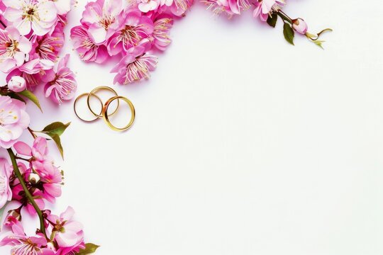 pair of wedding rings with pastel flowers for background image
