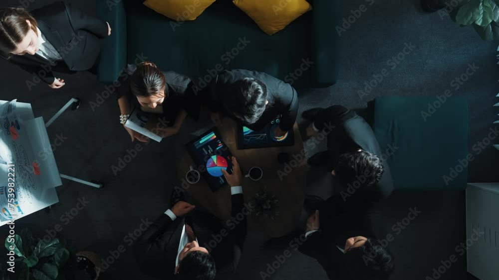 Aufkleber top down view of business team listen investor present idea while standing at whiteboard. diverse gr