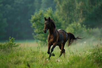 A spirited colt galloping freely across a verdant meadow - obrazy, fototapety, plakaty