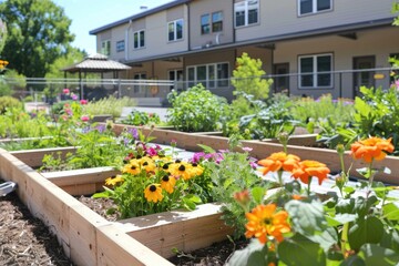 A therapeutic community garden at a mental health facility emphasizing healing - obrazy, fototapety, plakaty