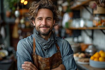 Handsome smiling male chef in a denim apron posing in a professional kitchen