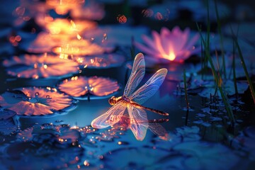 A whimsical dragonfly with glowing wings darting over a mystical pond - obrazy, fototapety, plakaty