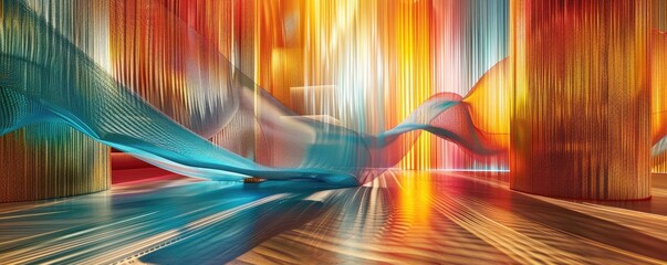 Abstract 3D digital fabric, weaving through a technology-themed space, showcasing the blend of art and tech