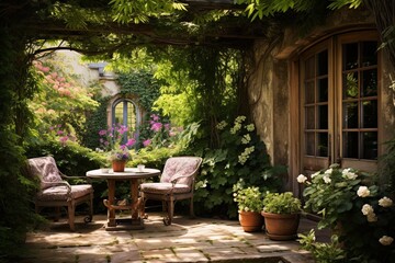 Fototapeta premium Enchanted Cottage Garden Patio Inspirations: Sun-Dappled Patio with Climbing Ivy Opting