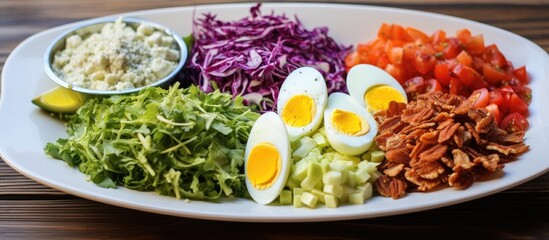 A white plate is shown with a fresh salad topped with hard boiled eggs. The colorful mix of vegetables and protein creates a nutritious meal.
