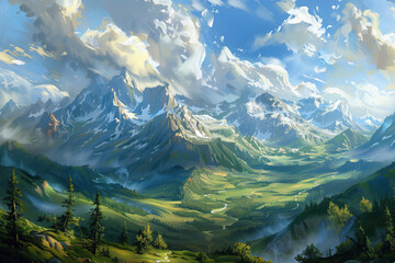Mountains Scenery Landscape Oil Painting, Artwork, Generative AI