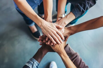 Team Of Diverse Workers Put Hands Together 