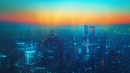 Cerulean blue and tangerine vibrant cityscape at dawn