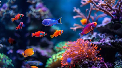 Naklejka na ściany i meble Coral red and azure blue vibrant tropical fish aquarium