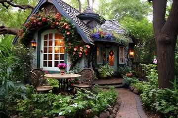 Obraz premium Enchanted Cottage Garden Patio Inspirations: Whimsical Garden Art, Hidden Benches & Old-Fashioned Charm