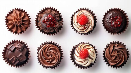 Arrangement of Chocolate Cupcakes, Tartlet, Strawberry Jelly Cheesecake Polka Dot and Dark Chocolate Glazed Meringue isolated on white background.