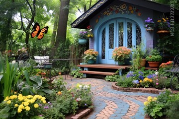 Obraz premium Enchanted Cottage Garden Patio: Butterfly Oasis & Whimsical Decor Inspirations
