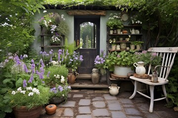 Fototapeta na wymiar Enchanted Cottage Garden Patio: Herb Garden and Antique Gardening Tools Inspirations