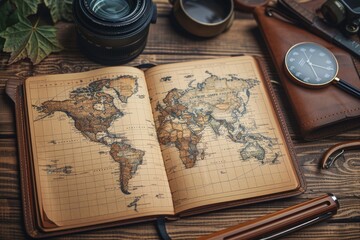Wooden table holds a vintage world map, camera lens and travel accessories
