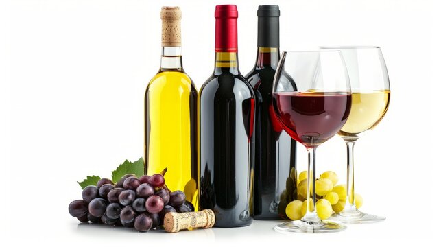 bottles of red and white wine and glasses wine isolated on white background