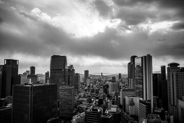 大阪の都市景観。梅田周辺のビル群を高層ビルから俯瞰撮影