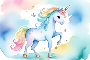 Fototapeta premium Beautiful horse unicorn. Magical unicorn. Fairytale wallpaper, greetings card, print watercolor unicorn.