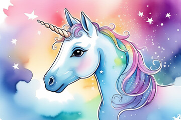 Beautiful horse unicorn portrait. Head of magical unicorn. Fairytale wallpaper, greetings card, print colorful unicorn.