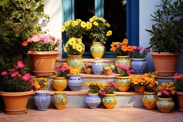 Fototapeta na wymiar Exotic Andalusian Patio Inspirations: Ceramic Pots & Colorful Flowers Burst