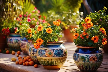 Colorful Ceramic Pot and Flower Arrangements: Exotic Andalusian Patio Inspirations - obrazy, fototapety, plakaty
