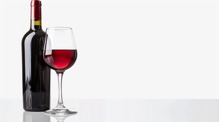 Glass and bottle of red wine on a white background