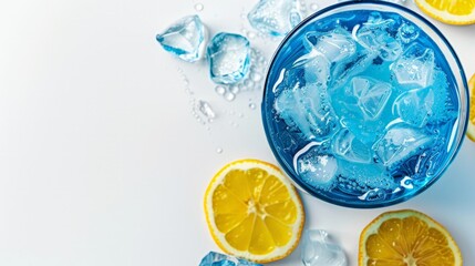 Glass of blue lagoon cocktail isolated on white background from top view