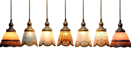 A collection of decorative vintage ceiling lamps hangs from the ceiling, creating an elegant and...