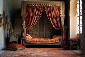 Fototapeta premium Handmade Rugs and Textiles: Exotic Moroccan Bedroom Inspirations