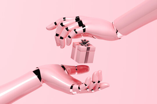 A robot holding a gift box in its hands