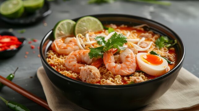 Instant Noodles with Tom Yum Soup Creamy Spicy Served Mixed Minced Pork Ball, Shrimp,Crispy Pork,Squid and Egg decorate Lime,Carrot and Stink Weed cutlet Thai Food fusion style Hot and Spicy