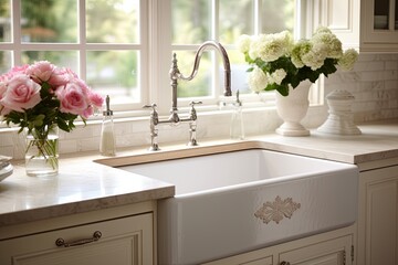 French Provincial Kitchen Designs: Farmhouse Sink & Elegant Faucets Ensemble - obrazy, fototapety, plakaty