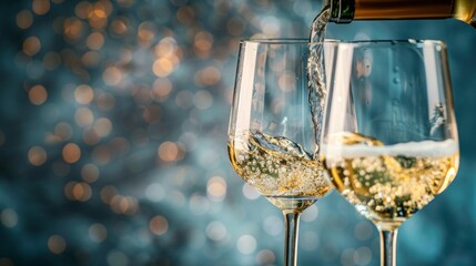 Pouring two glasses of white wine from a bottle in a close up view of the wineglasses over an abstract brown blue background with copy space - obrazy, fototapety, plakaty