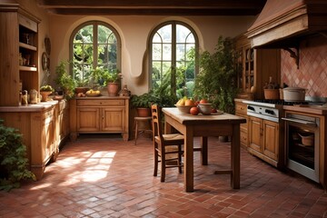 Terracotta Tiles & Rustic Flooring: French Provincial Kitchen Designs - obrazy, fototapety, plakaty