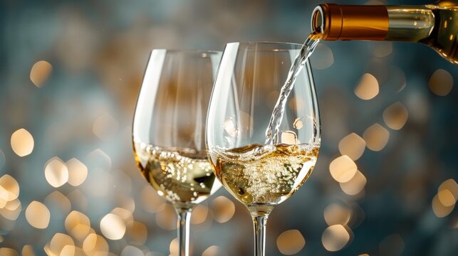 Pouring two glasses of white wine from a bottle in a close up view of the wineglasses over an abstract brown blue background with copy space