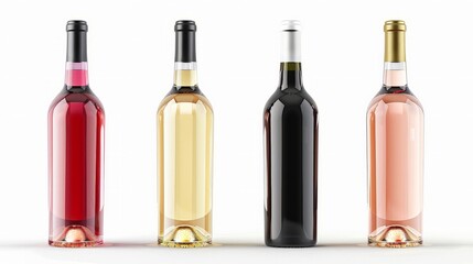 Set of white, rose, and red wine bottles. isolated on white background