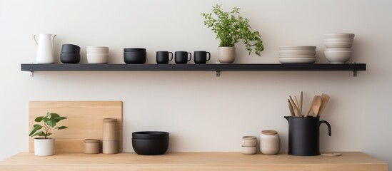 Fototapeta na wymiar A wooden table in a modern light kitchen setting is adorned with various black and white cups. The simple and minimalist design of the cups contrasts with the sleek surroundings of the kitchen.