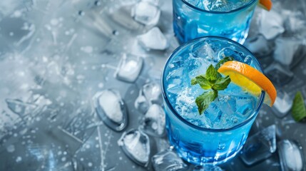 Tasty Blue Lagoon cocktail on light grey table, top view - obrazy, fototapety, plakaty